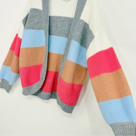 THML Blue Orange Color Block Stripe Open Front Fuzzy Oversized Slouchy Sweater - Picture 4 of 12